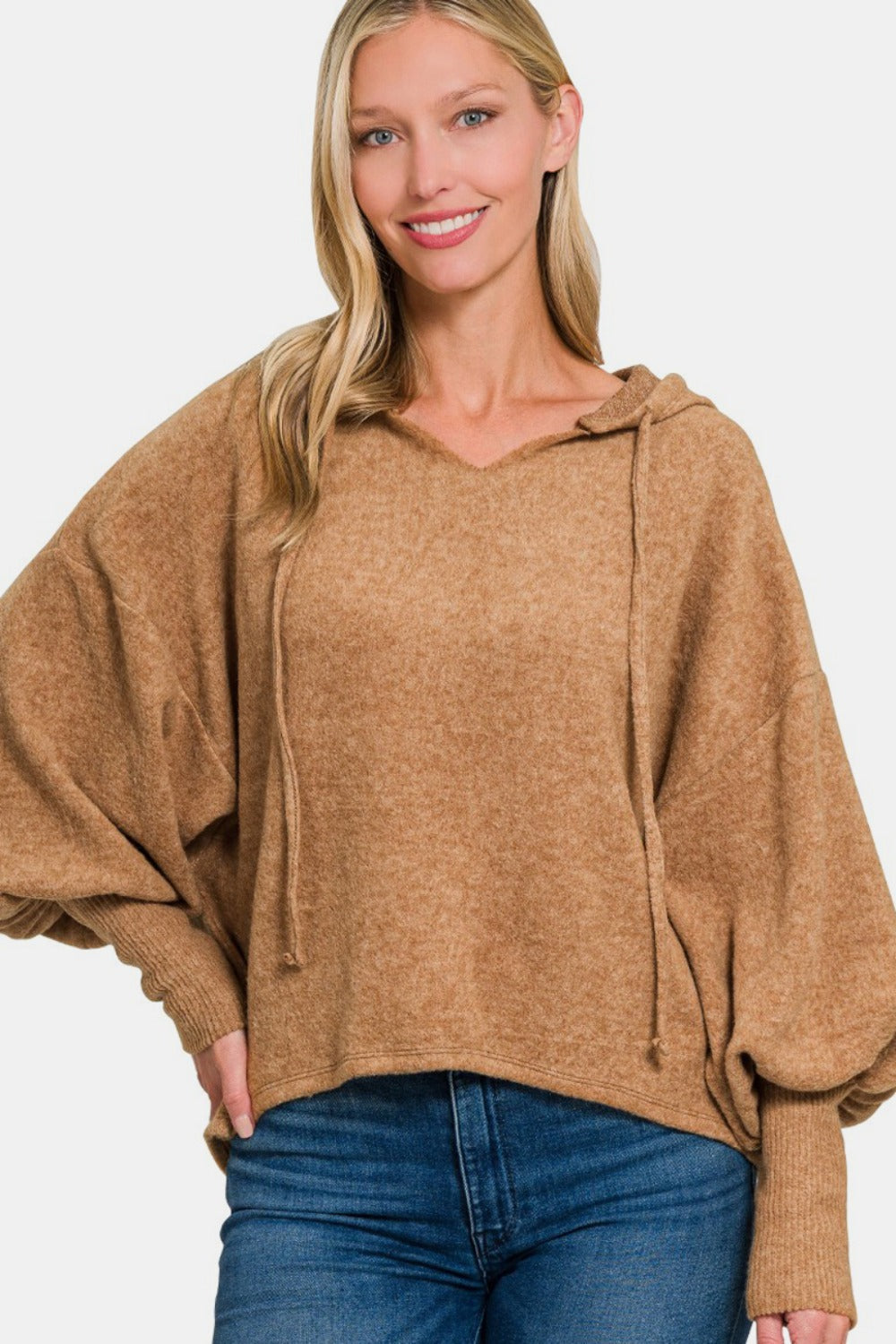 Zenana Brushed Hacci Drop Shoulder Cropped Hoodie Deep Camel