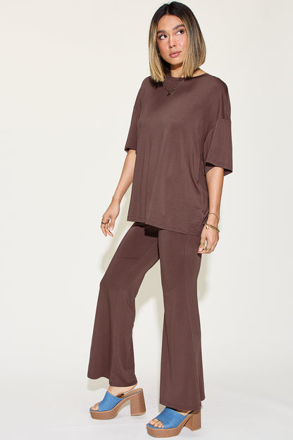 Comfy Bamboo Drop Shoulder Tee & Flare Pants Set