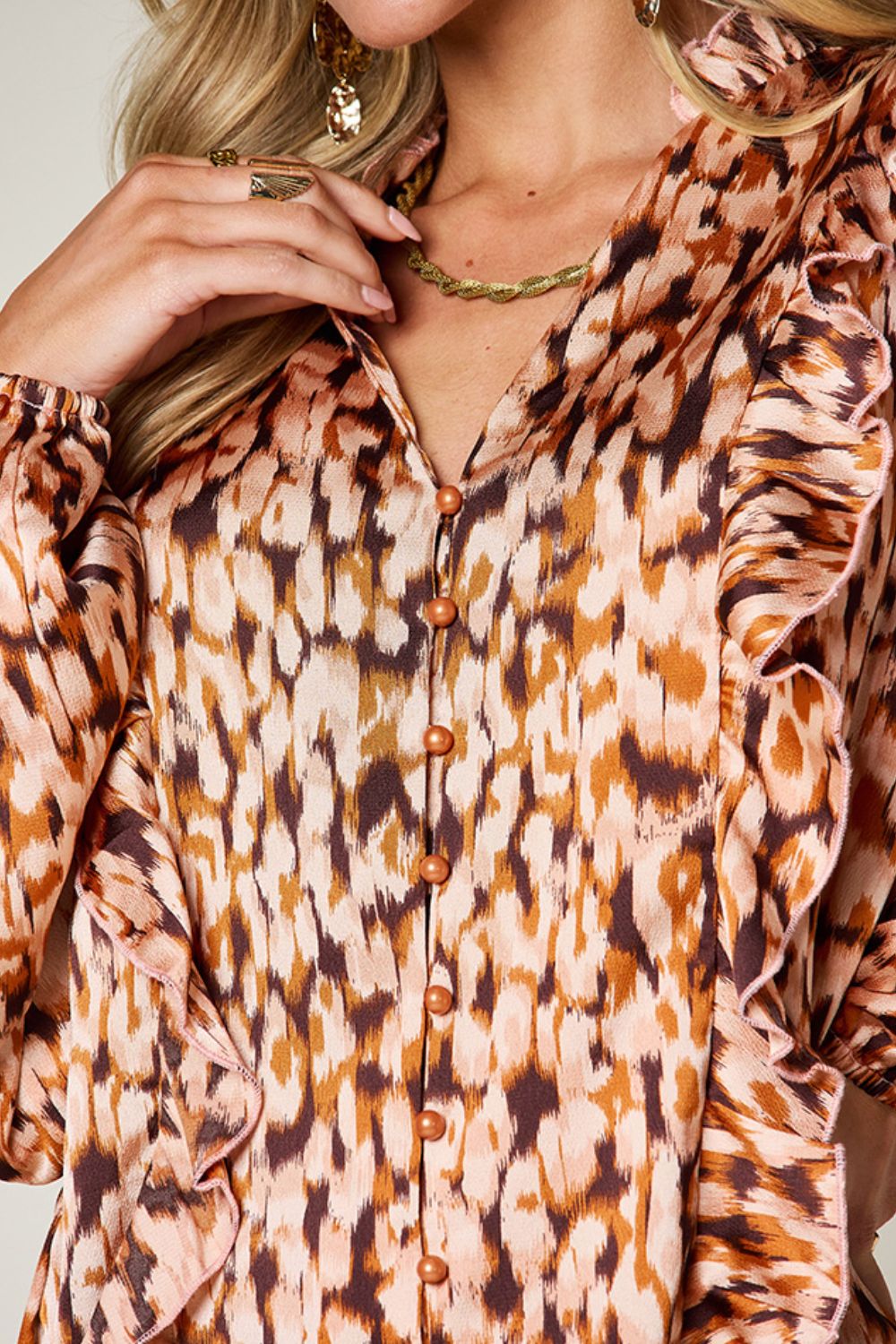 Printed Button-Down Top with Ruffle Balloon Sleeves