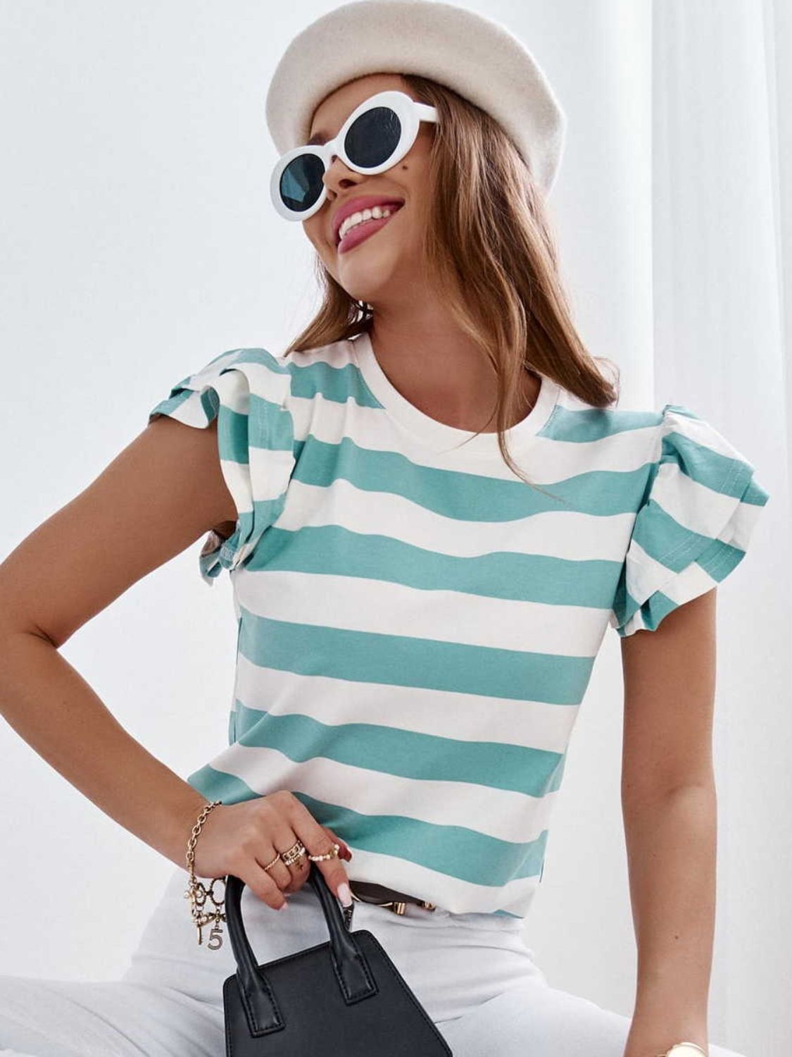 Full Size Striped Round Neck Cap Sleeve T-Shirt Pastel Blue