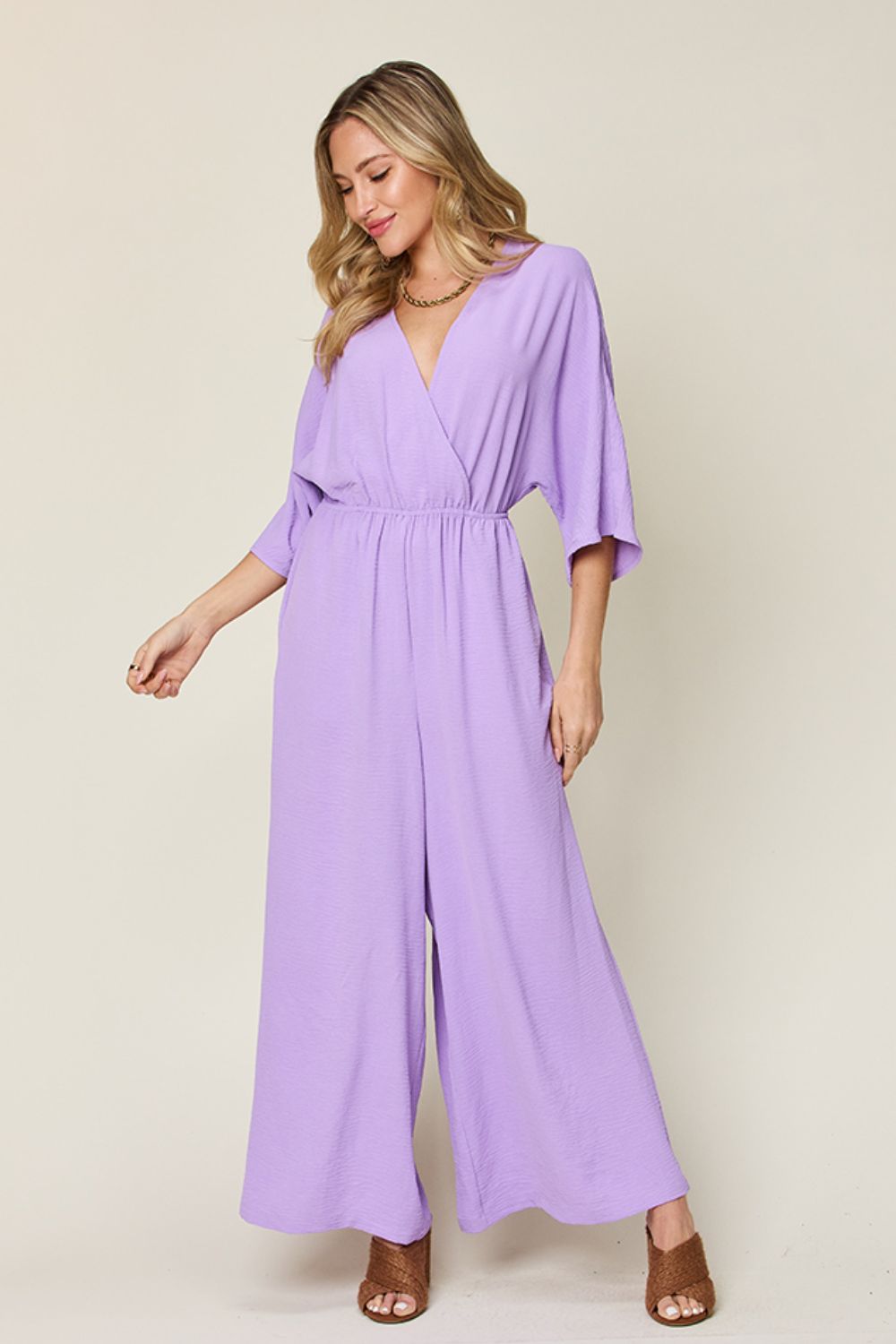Tie-Waist Jumpsuit with Wide Legs and Short Sleeves Lavender