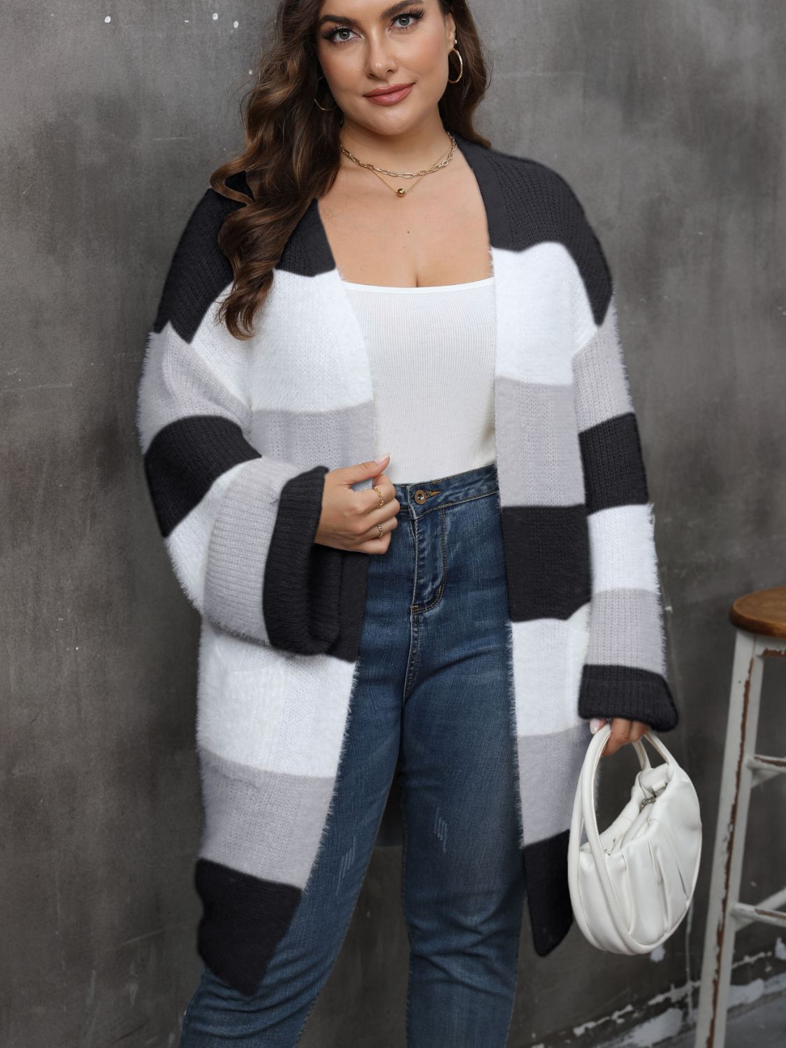 Plus Size Open Front Long Sleeve Cardigan Black