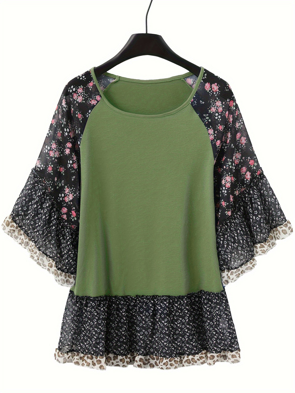 Full Size Frill Printed Round Neck Half Sleeve Blouse Matcha Green