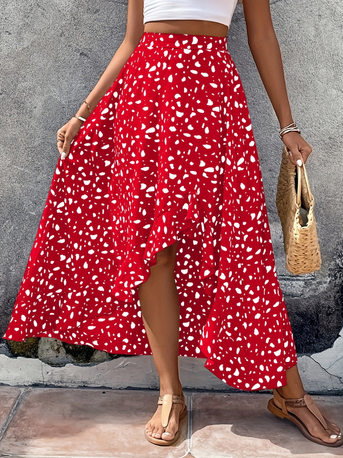 High-Low Printed Skirt Deep Red