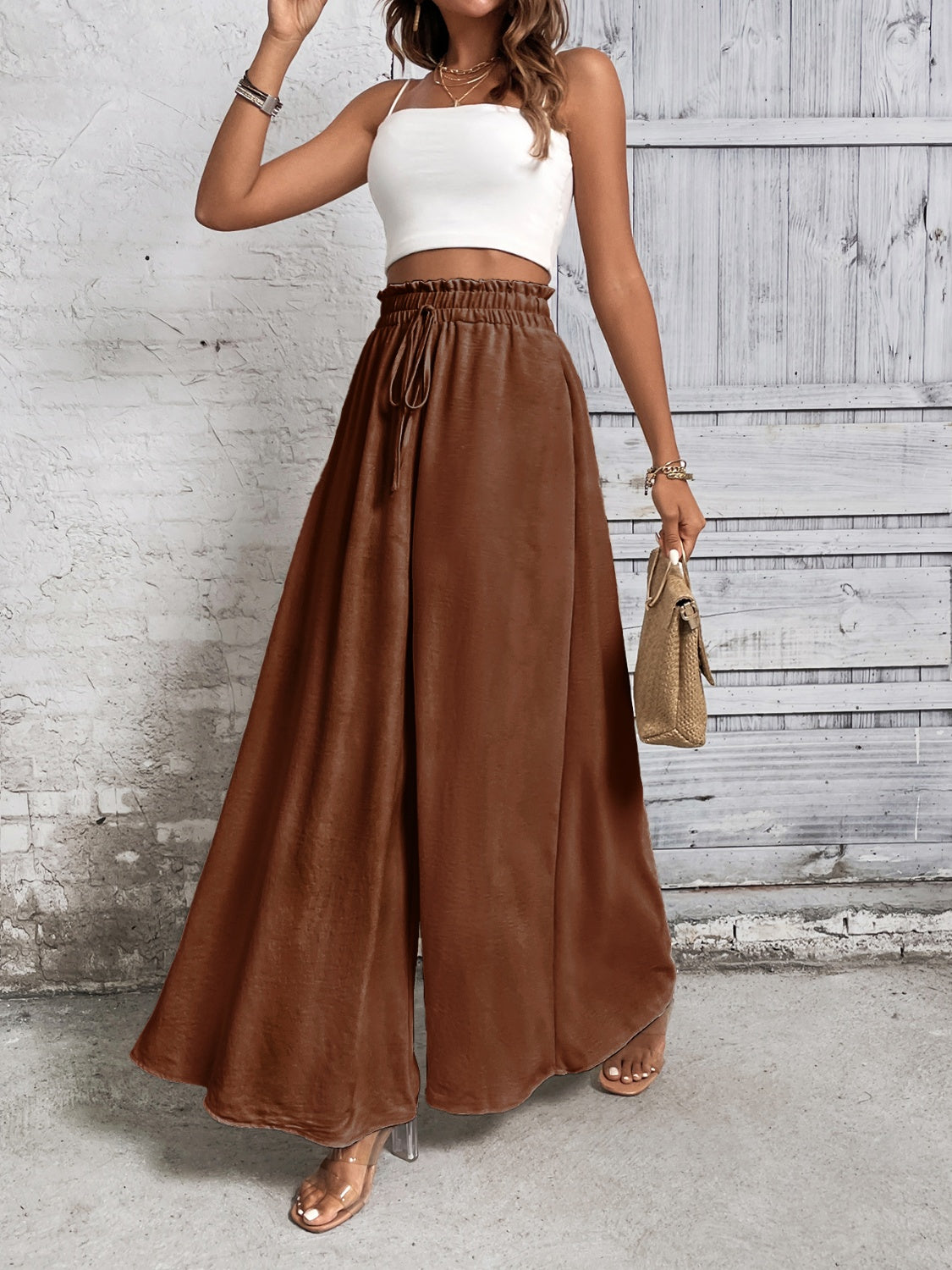 Tied High Waist Wide Leg Pants Brown