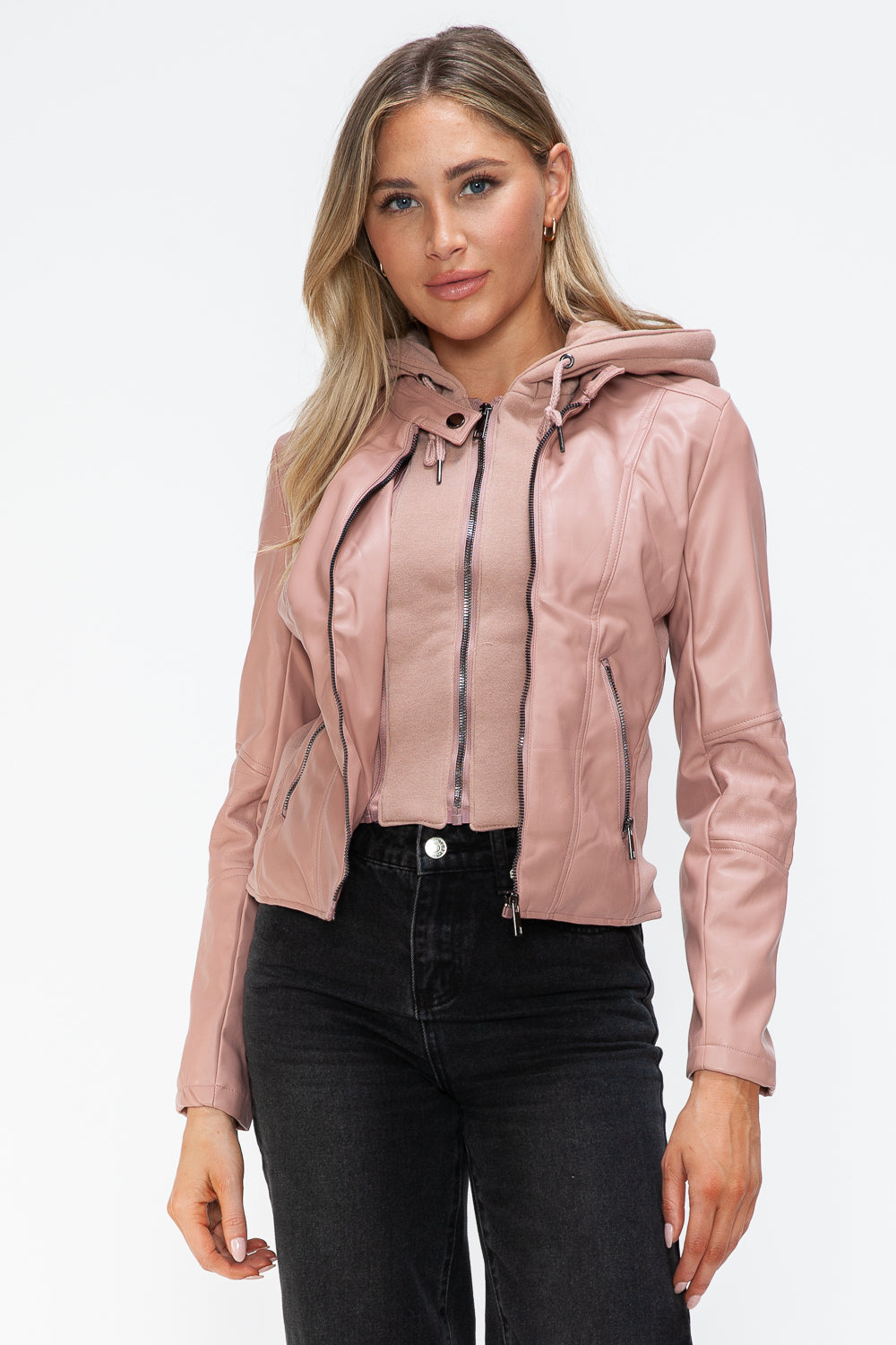 Snobbish Faux Leather Zip Up Drawstring Hooded Jacket Mauve