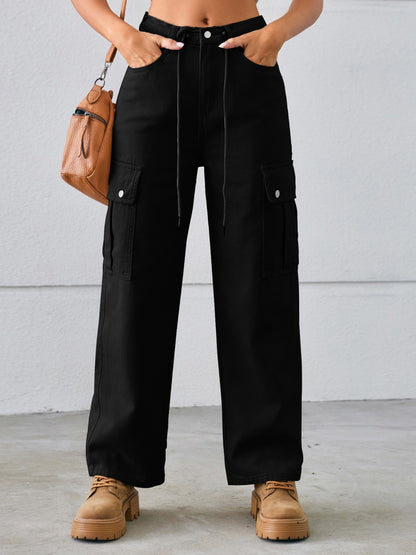 Drawstring Mid-Rise Waist Straight Cargo Jeans Black