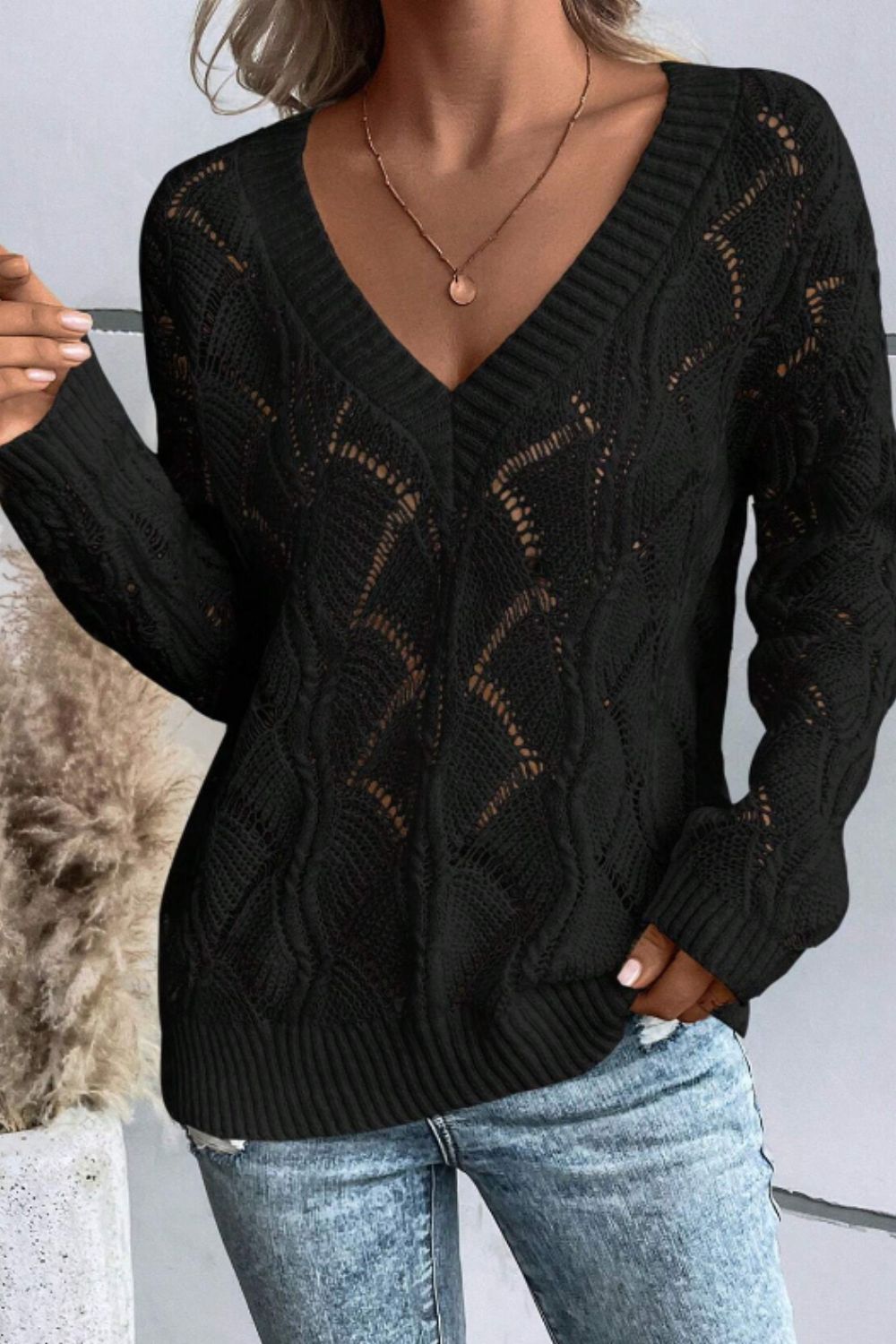 Openwork V-Neck Long Sleeve Sweater Black