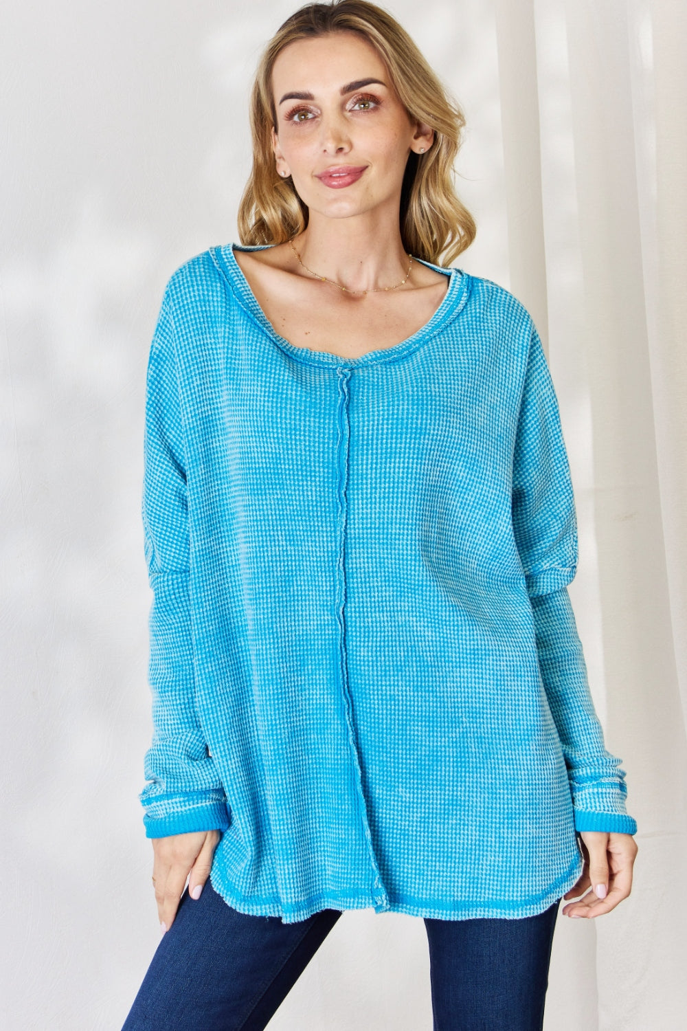 Zenana Oversized Waffle Long Sleeve Top Deep Sky