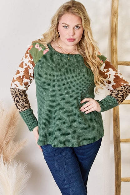 Hailey & Co Full Size Waffle-Knit Leopard Blouse