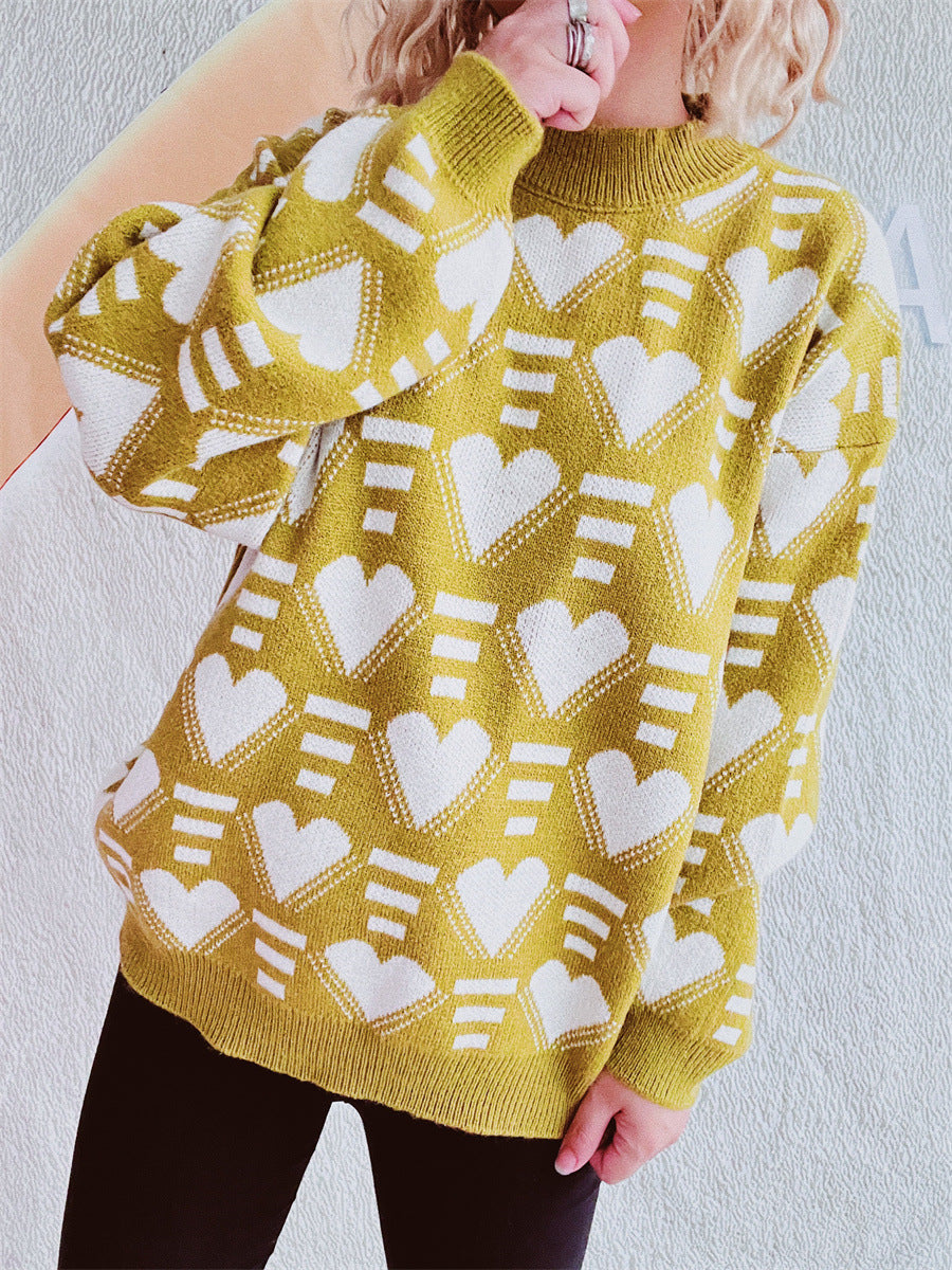 Heart Contrast Long Sleeve Dropped Shoulder Sweater