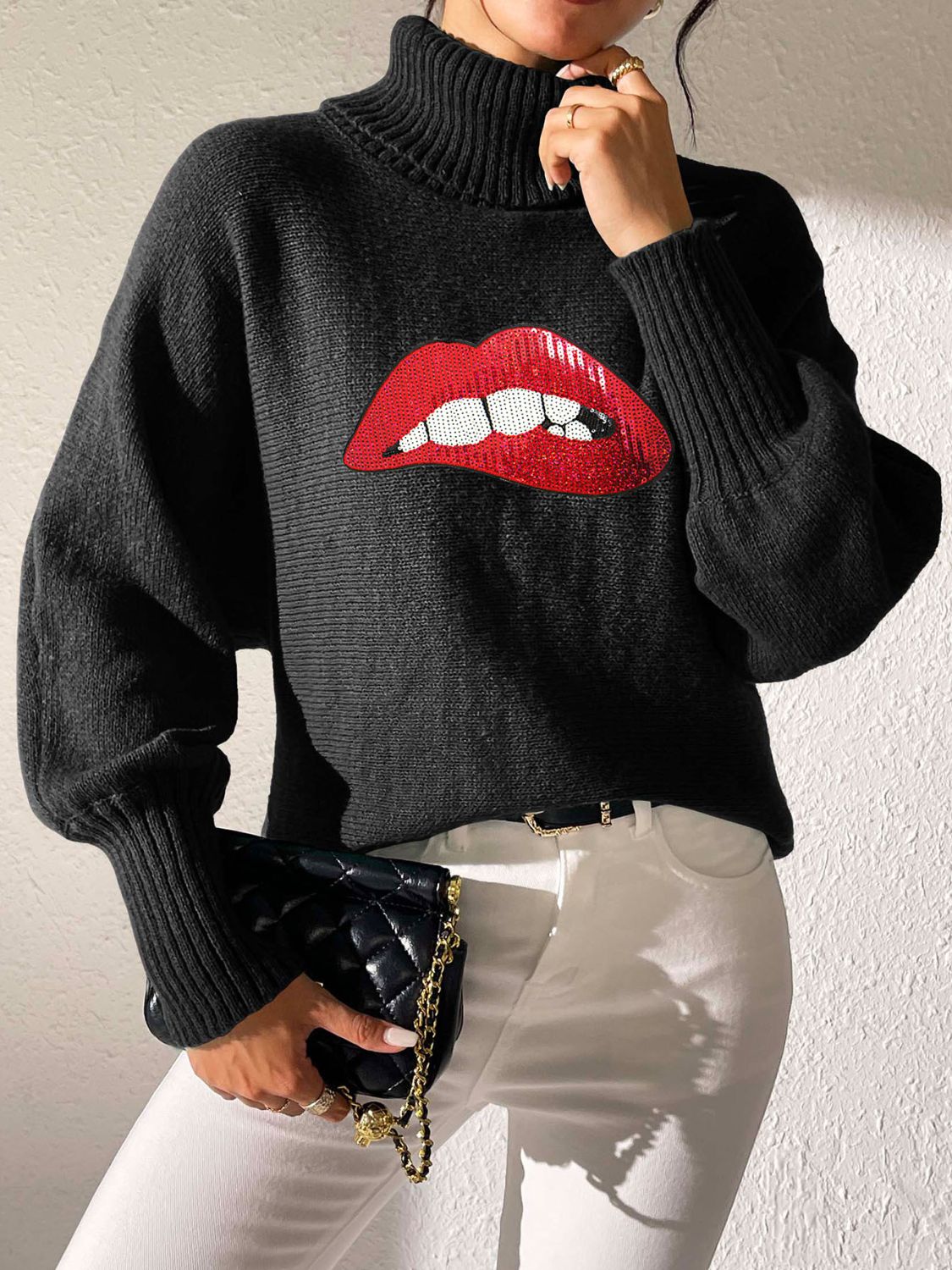 Lip Turtleneck Long Sleeve Sweater