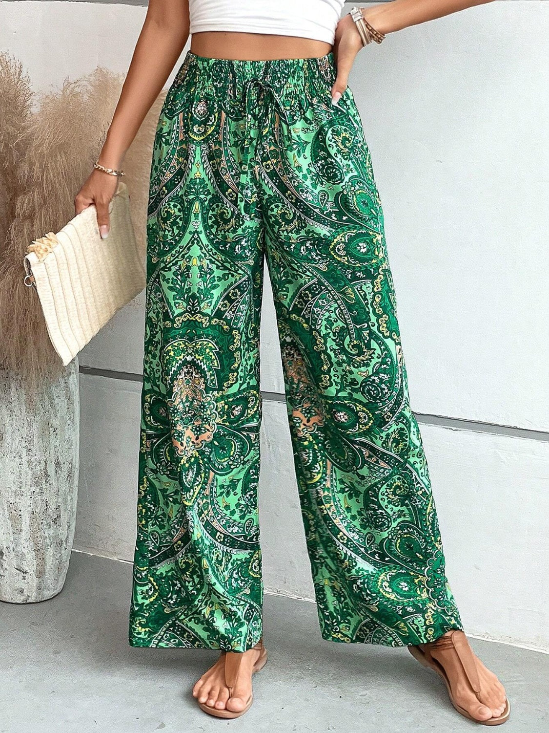 Tie Waist Printed Wide Leg Pants Green