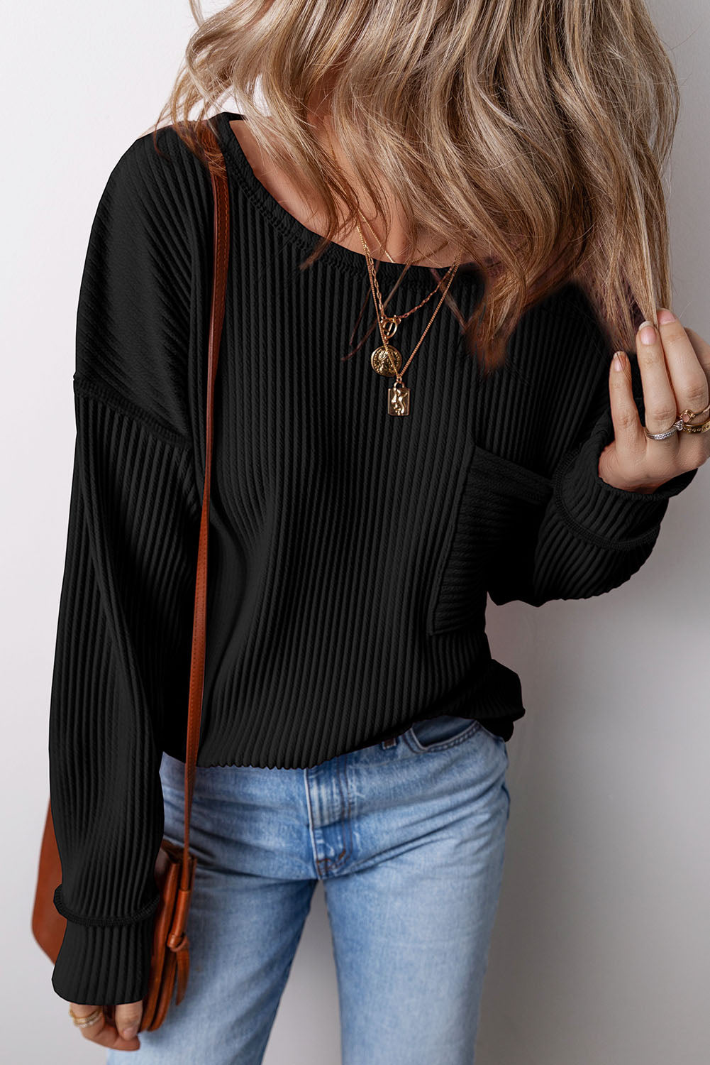 Pocketed Round Neck Long Sleeve Top Black