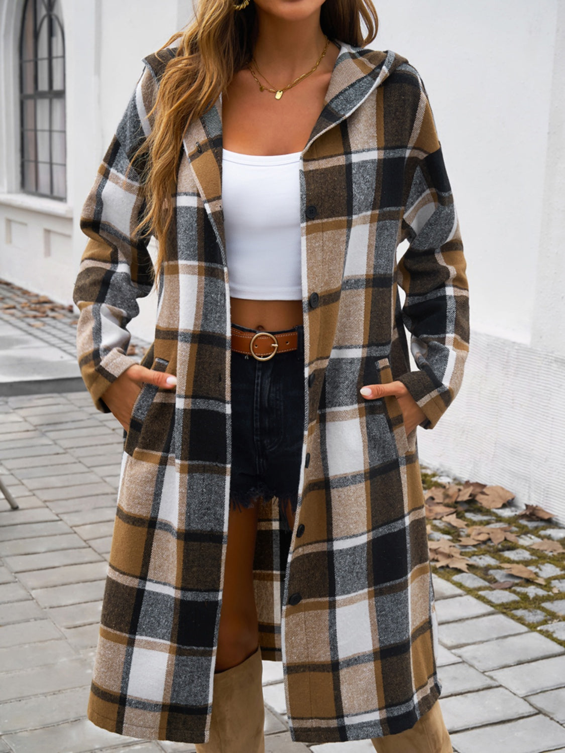 Devine Plaid Long Sleeve Hooded Coat Taupe