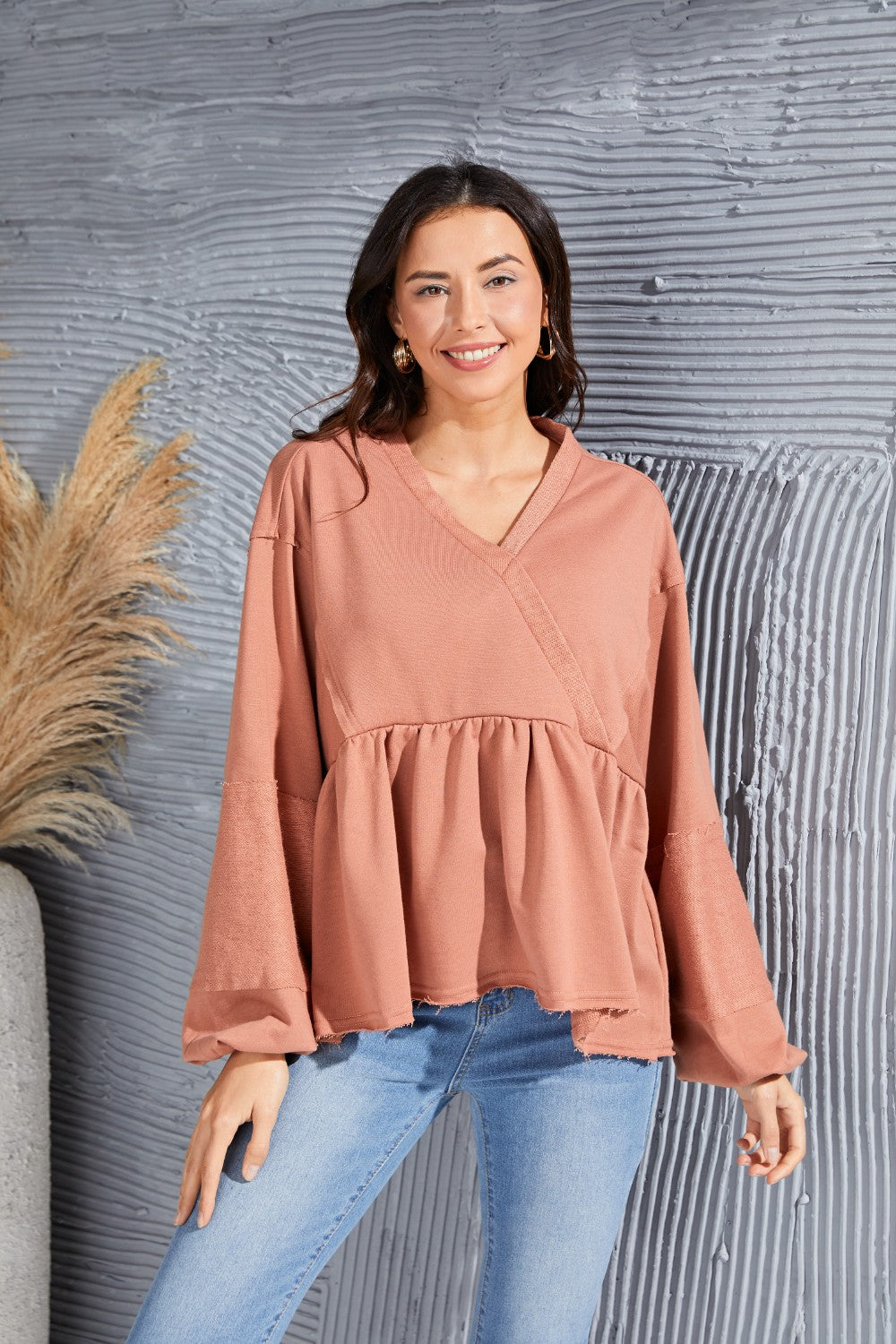 V-Neck Exposed Seams Balloon Sleeve Top Camel