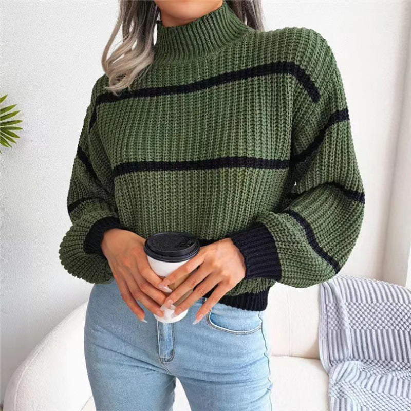 Women's Casual Striped Balloon Sleeve Turtleneck Sweater Green FREESIZE