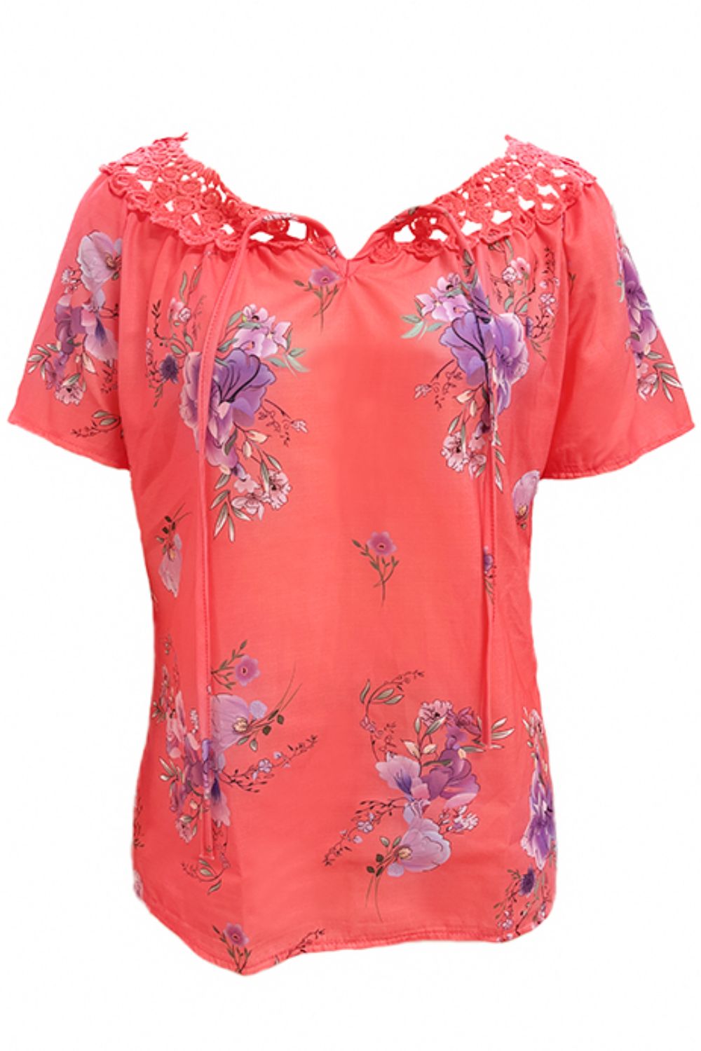 Full Size Printed Tie Neck Short Sleeve Blouse