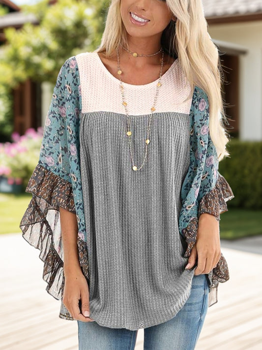 Full Size Printed Round Neck Three-Quarter Sleeve Blouse Gray