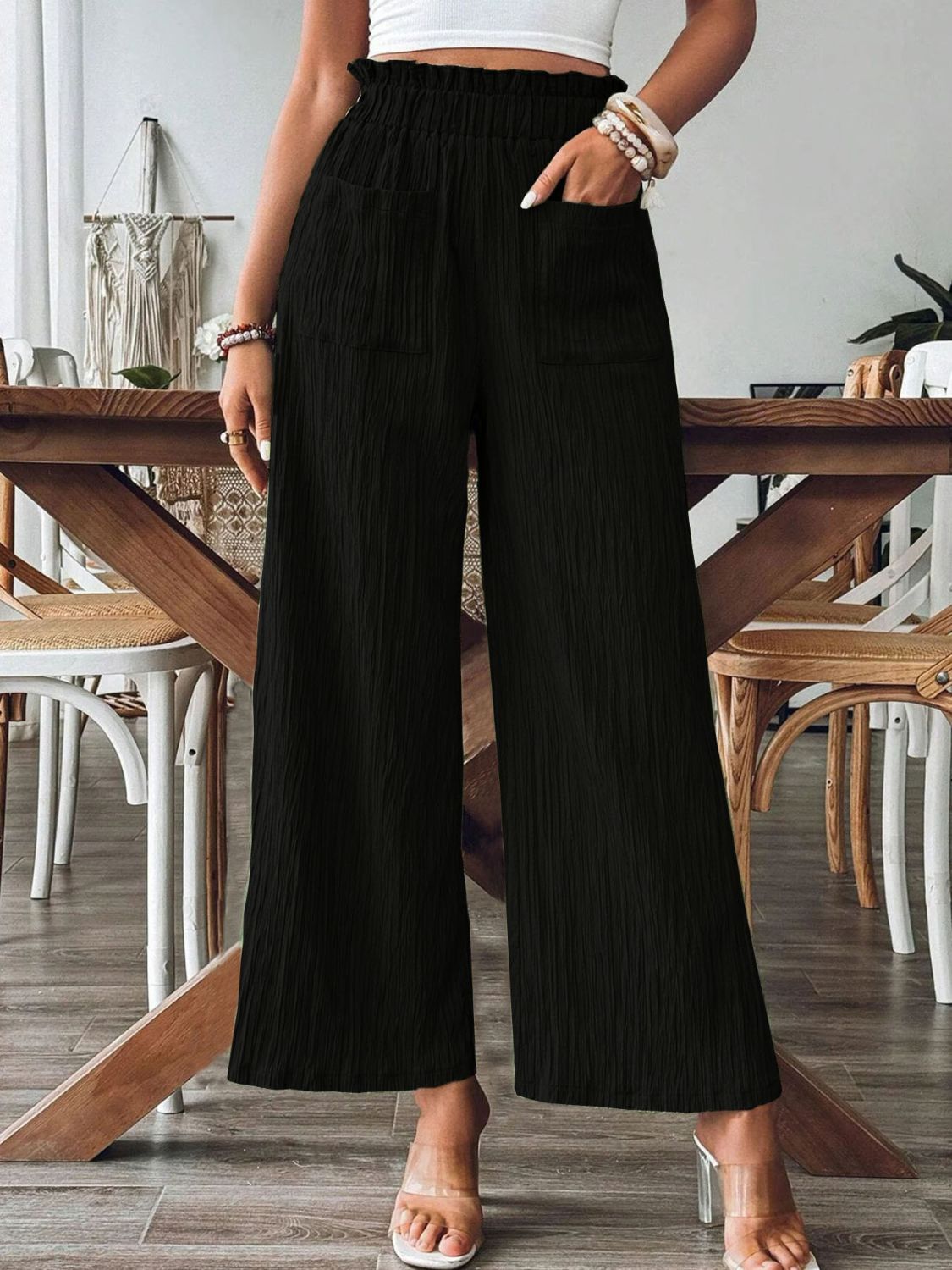 Pocketed Elastic Waist Wide Leg Pants Black