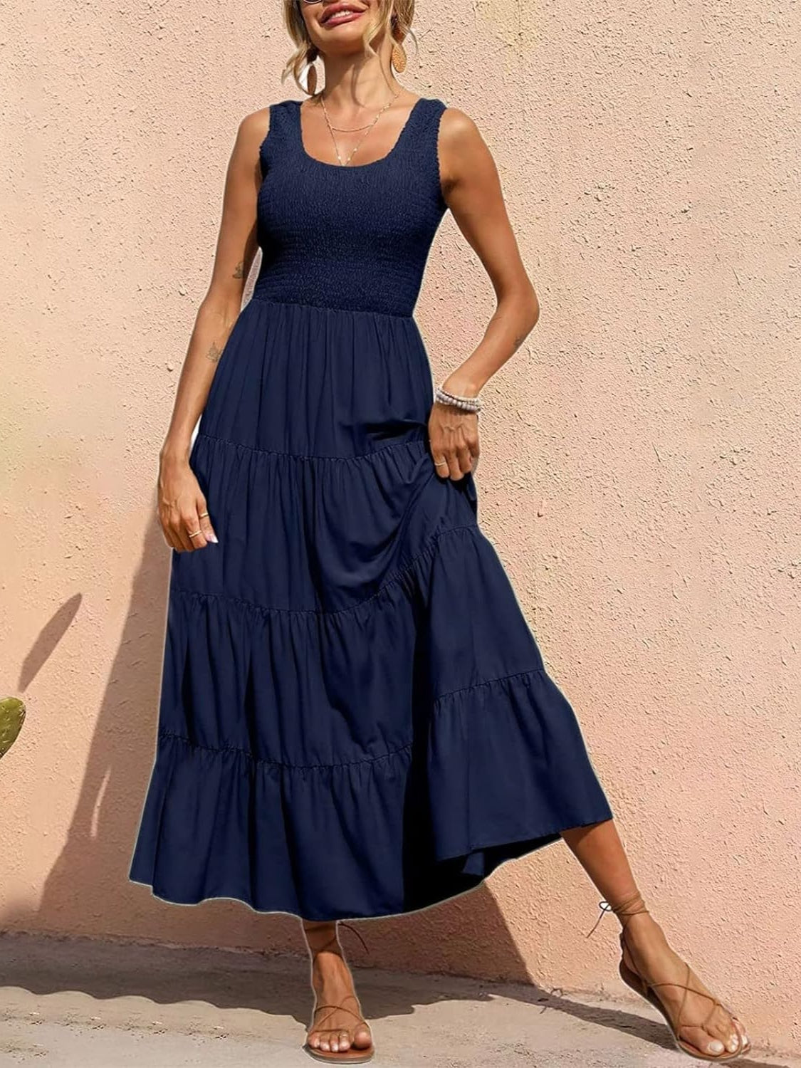 Smocked Tiered Midi Dress with Wide Straps Navy