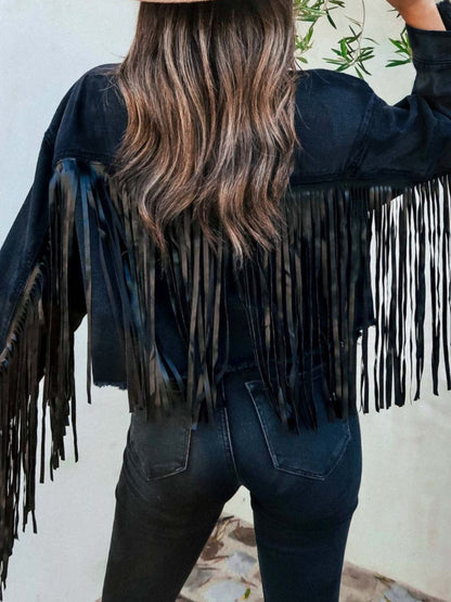 Fringed Denim Jacket with Button Closure