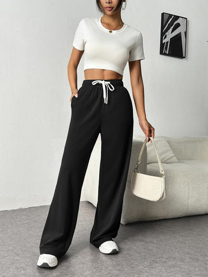 Drawstring Wide Leg Pants with Pockets Black