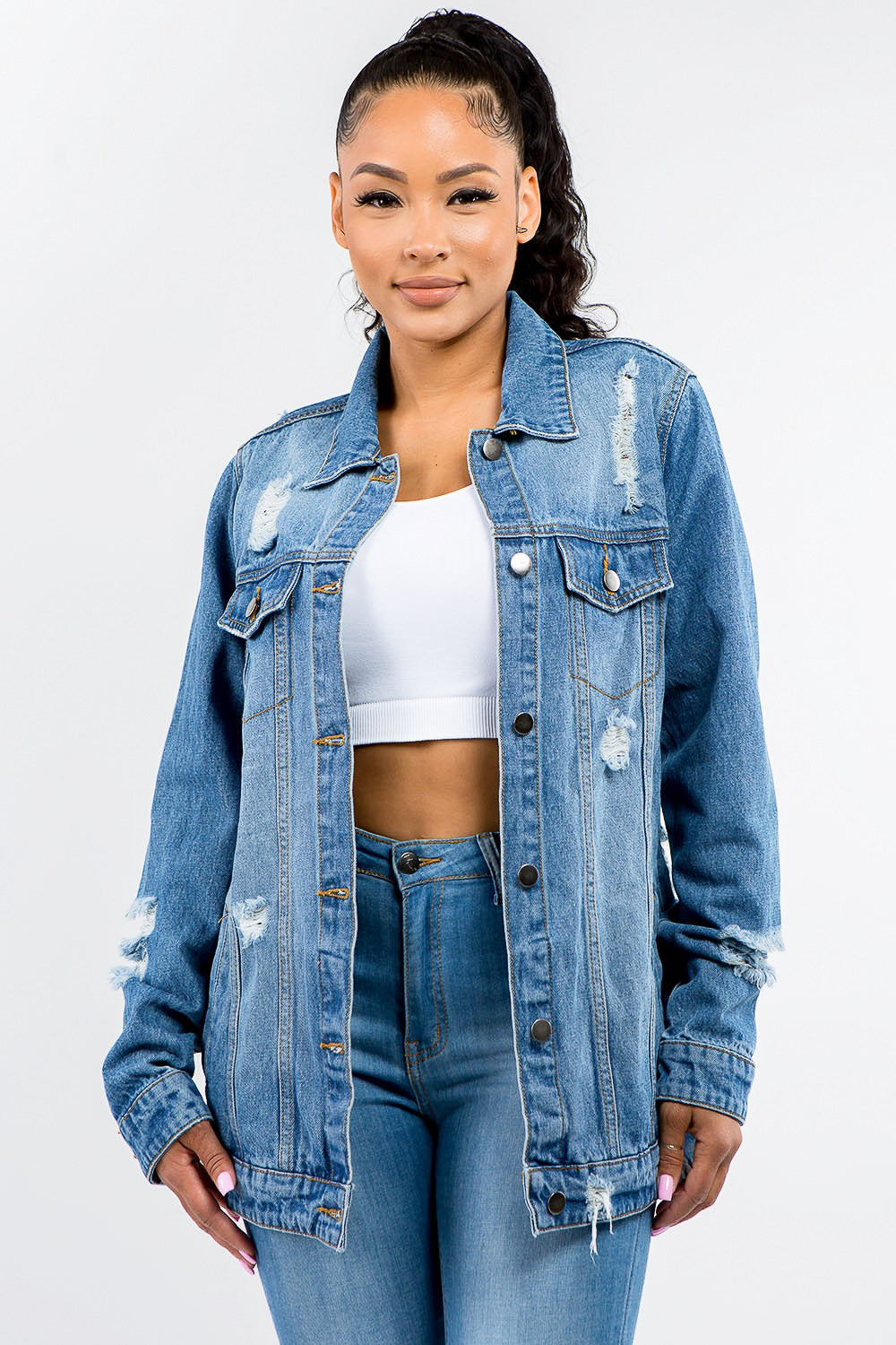 Women's Distressed Denim Button-Up Jacket Blue