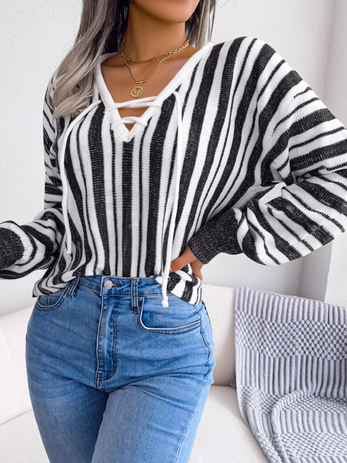 Striped Lace-Up Long Sleeve Sweater Black