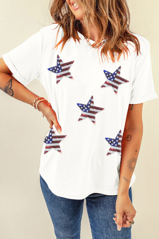 Sequin Star Round Neck Short Sleeve T-Shirt White