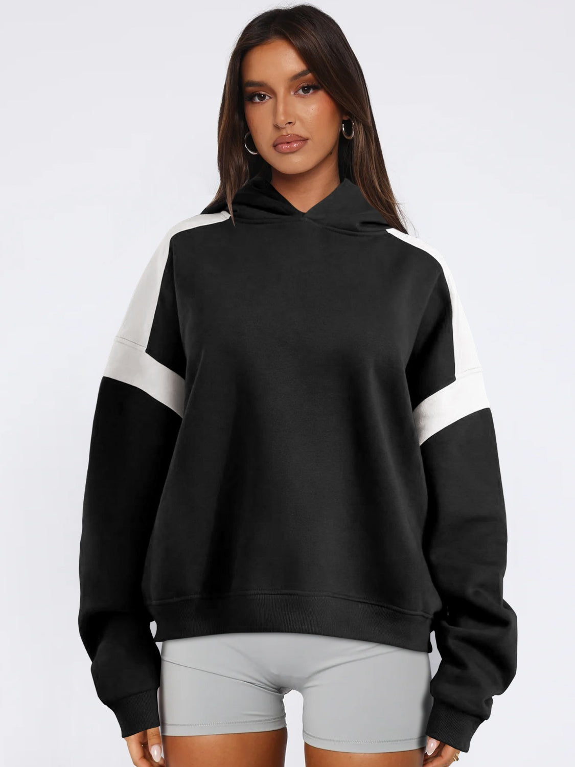 Contrast Dropped Shoulder Long Sleeve Hoodie Black