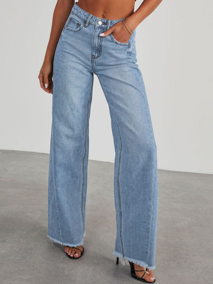 Raw Hem Wide Leg Jeans with Pockets Light