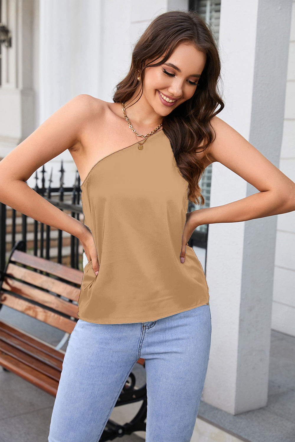 One Shoulder Sleeveless Top Tan