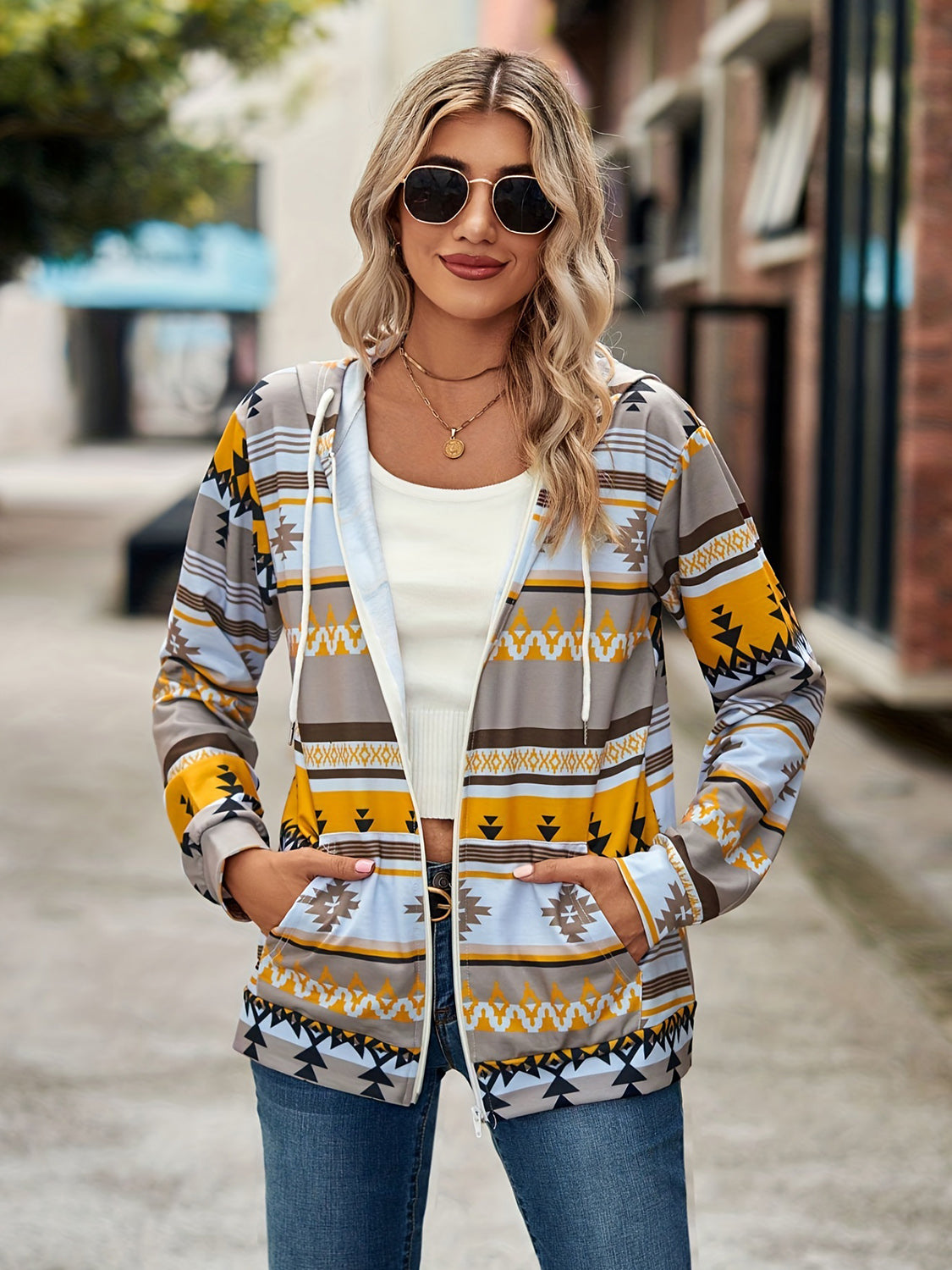 Geometric Hooded Sweatshirt Jacket Mustard