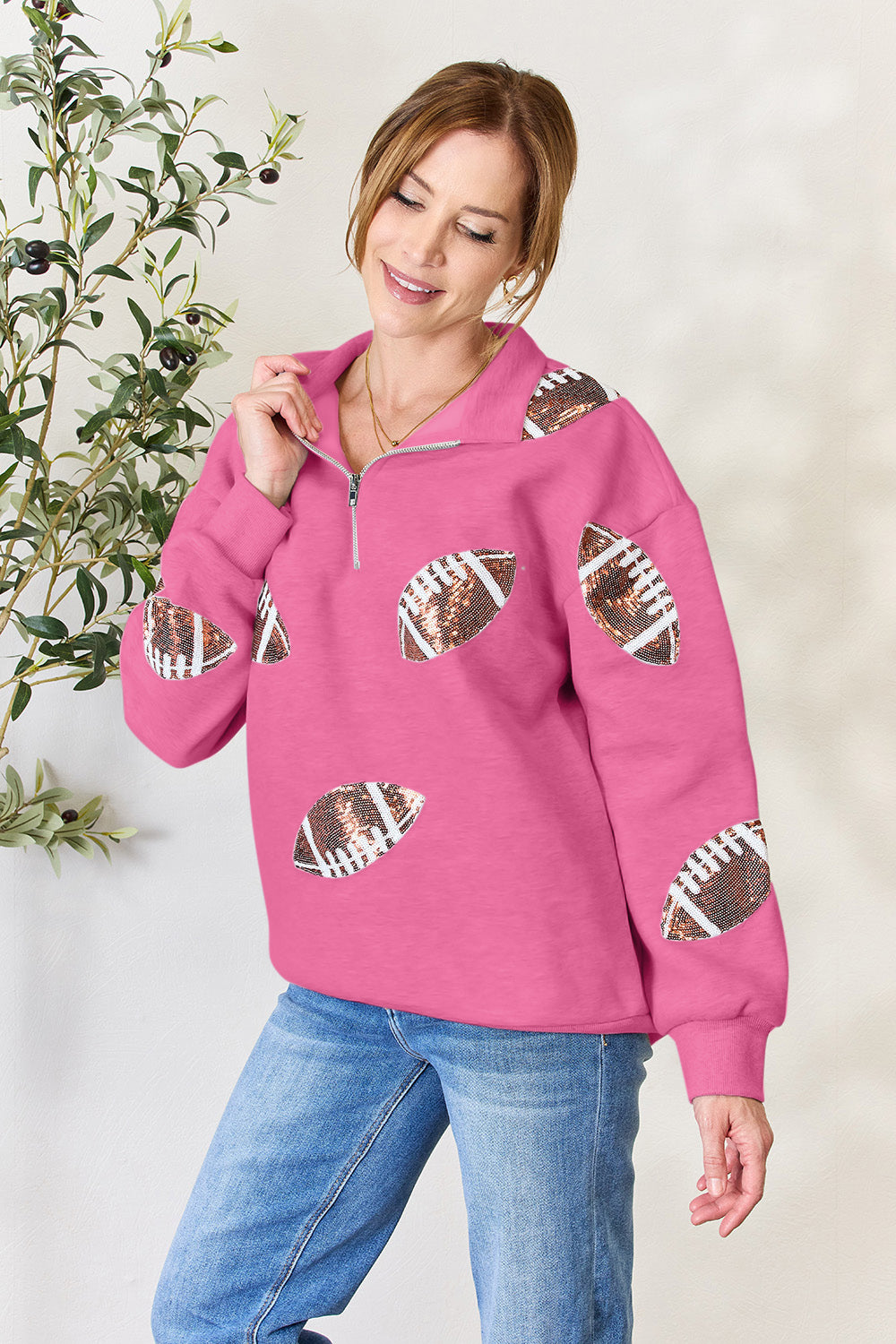 Back-to-School Sequin Football Sweatshirt Hot Pink