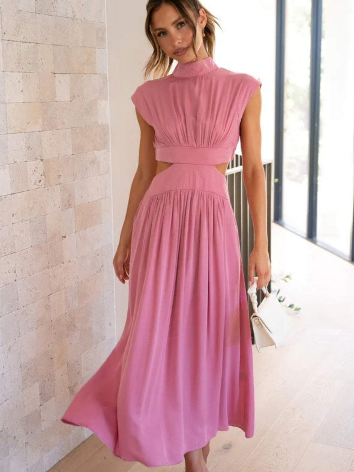 Elegant Cutout Mock Neck Sleeveless Dress Pink