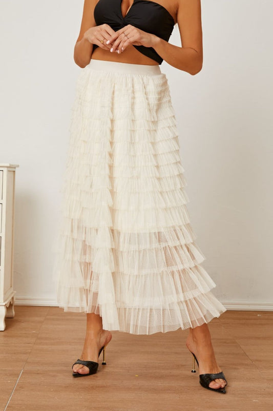 Ruched High Waist Tiered Skirt Ivory