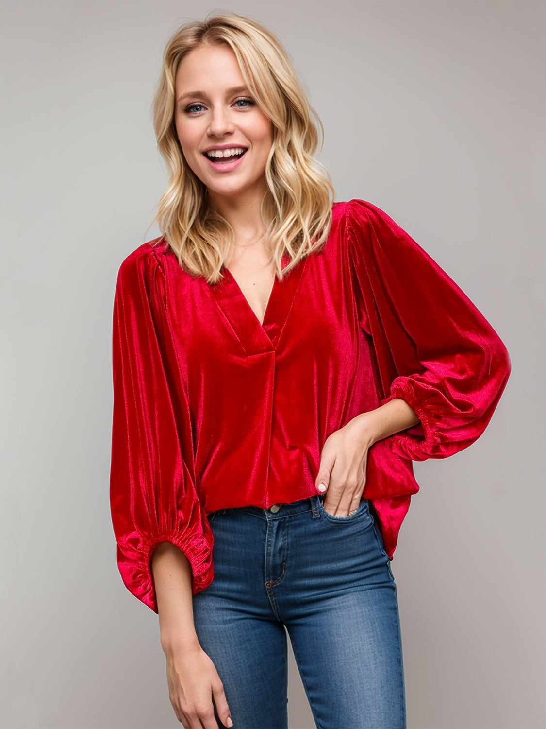 V-Neck Three-Quarter Sleeve Blouse Scarlet