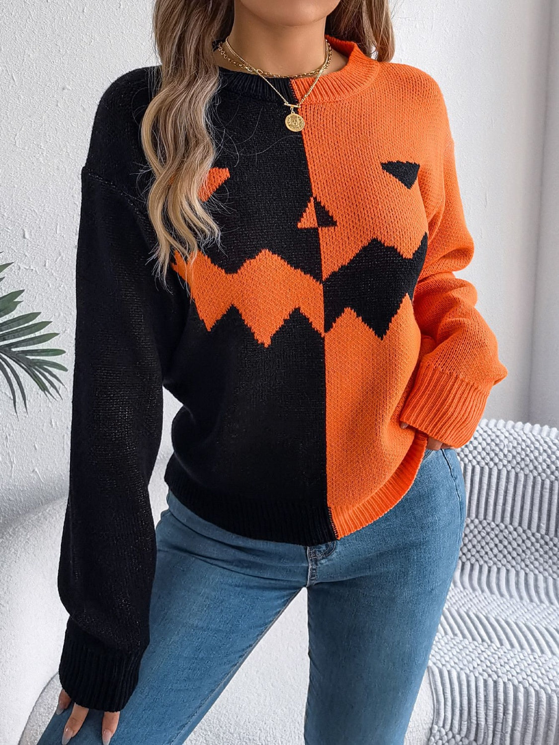 Contrast Round Neck Long Sleeve Sweater Orange