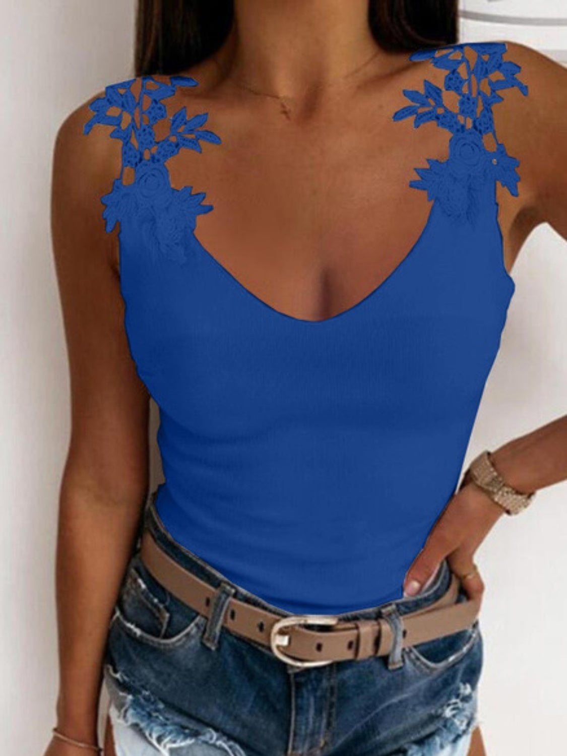 Full Size Lace Detail Scoop Neck Tank Royal Blue