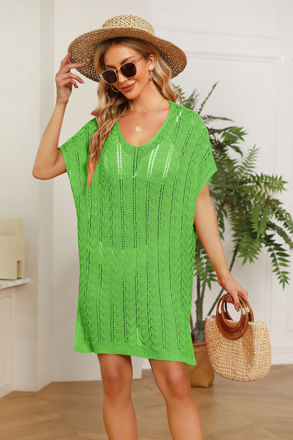 Sheer Knit Beach Cover Up Mid Green One Size
