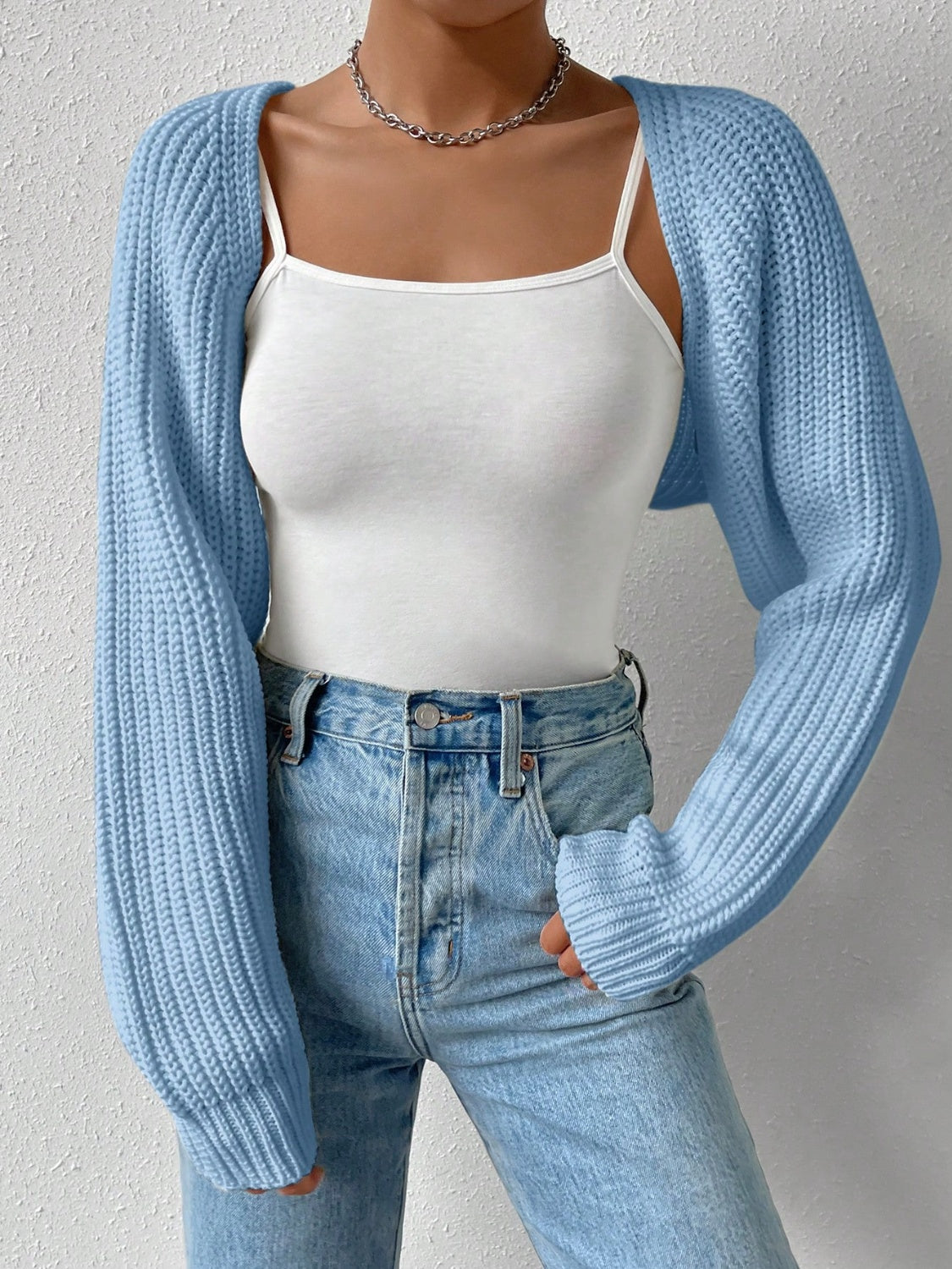 Honey Open Front Long Sleeve Cropped Cardigan Light Blue