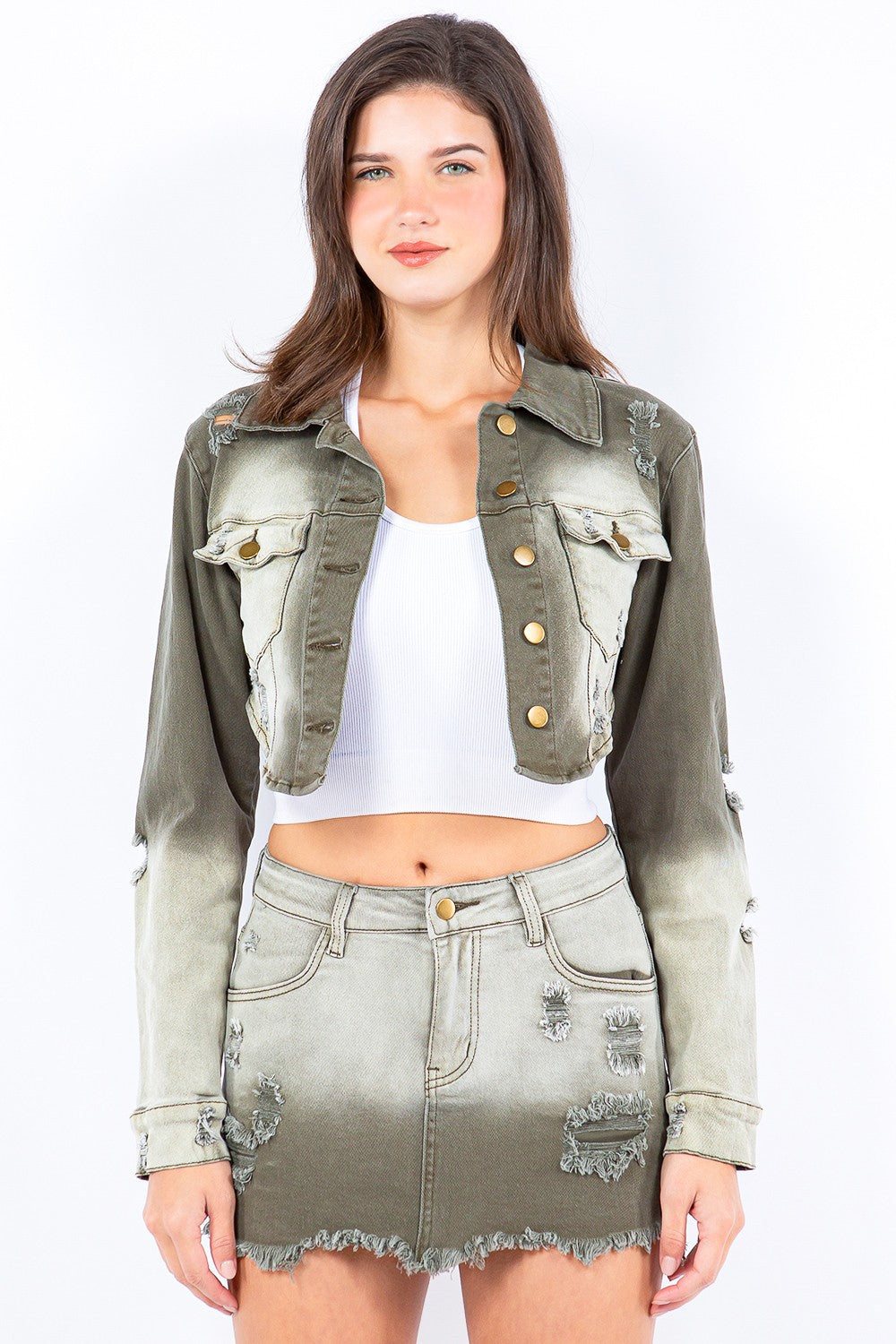 Women's Ombre Denim Crop Jacket Olive