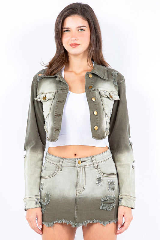 Women's Ombre Denim Crop Jacket Olive