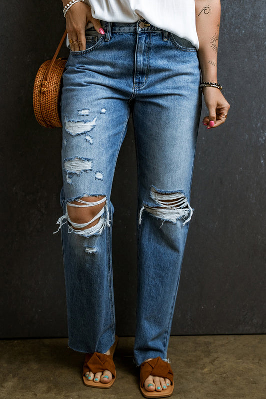 Distressed Raw Hem Jeans with Pockets Medium