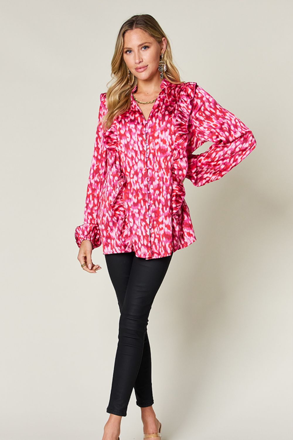 Printed Button-Down Top with Ruffle Balloon Sleeves