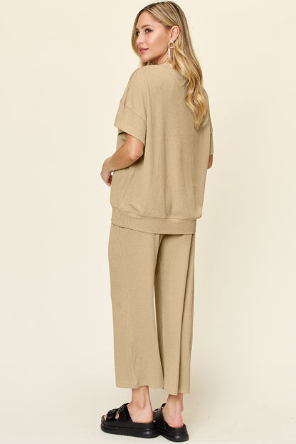 Textured Knit Top and Wide Leg Pant Set