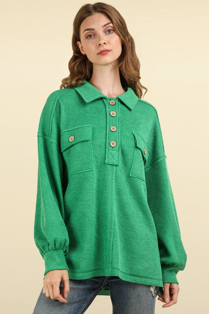 VERY J Collared Half Button Knit Top with Pockets Green