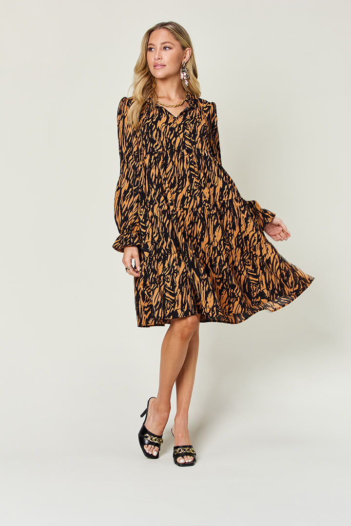 Printed Ruffle Hem Long Sleeve Dress