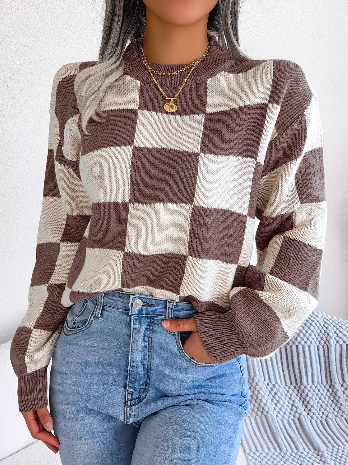 Checkered Mock Neck Long Sleeve Sweater Taupe